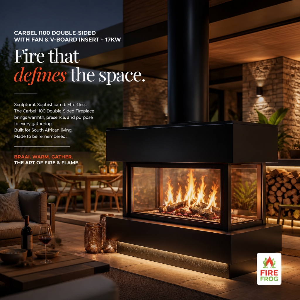 Carbel I100 double-sided fireplace insert in a modern outdoor living space
